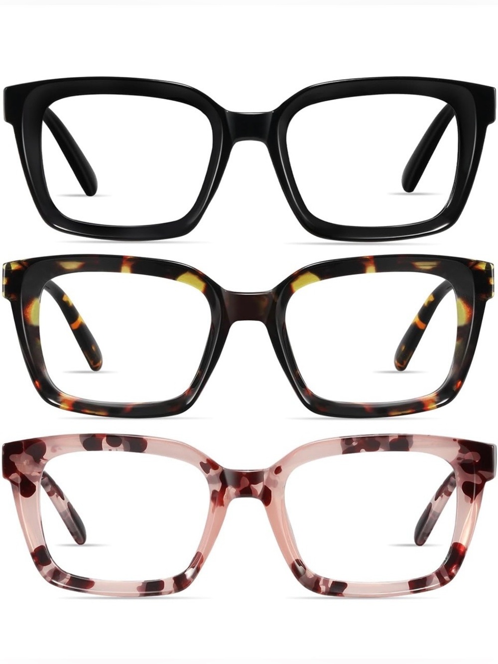 Amazon Women's Square Reading Glasses Set - Black, Tortoise & Pink 2.25x